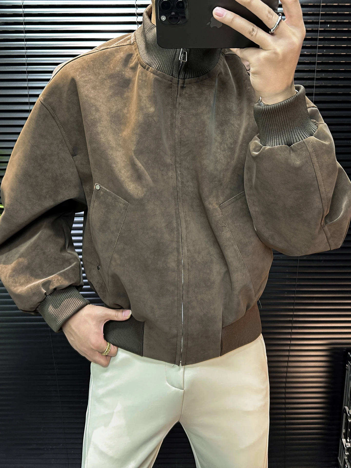 

Spring 2026 Men's Retro Motorcycle Sle ort Loose Fit Stand Collar Leather Jaet Casual Faux Leather Jaet Windproof
