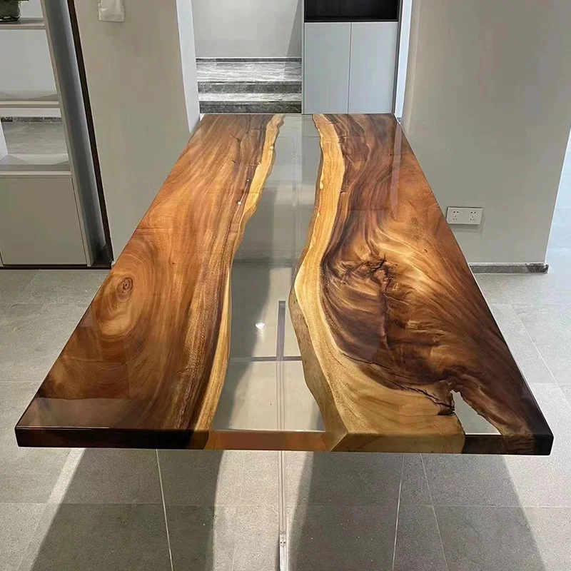 

Epoxy resin river touch sensor light desktop solid wood coffee table ocean wave tea table