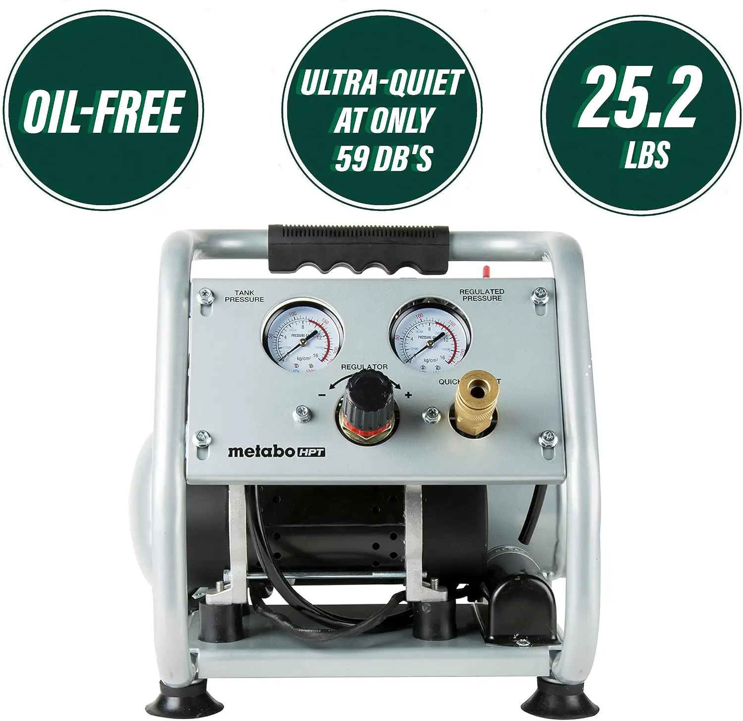 Quiet Air Compressor, Portable 1 Gallon Oil-Free Air Compressor, Ultra-Quiet Operation at 59 dB, Universal Quick Coupler