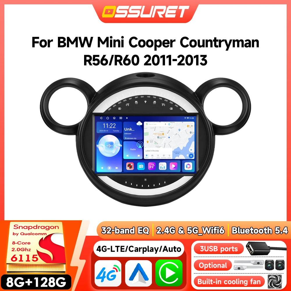 Android-Autoradio für BMW Mini Cooper Countryman R56 R60 2011-2013 Intelligentes Kabelloses Carplay Auto-Multimedia 6115 Videoplayer GPS