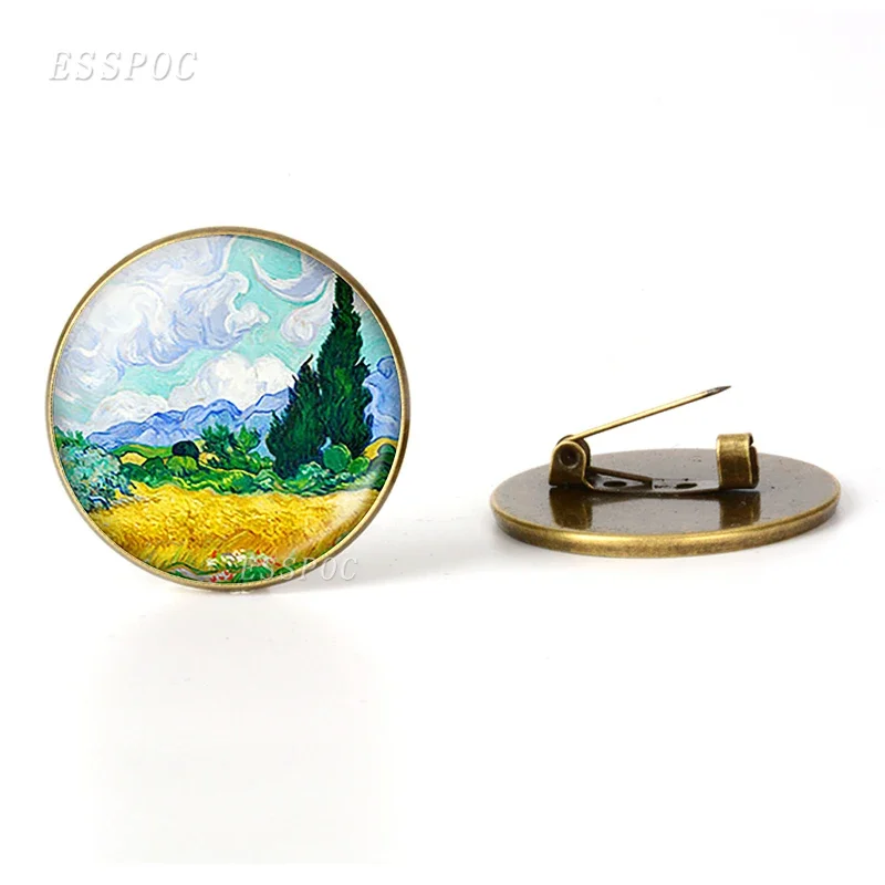 Retro Van Gogh Art Starry Night Sunflower Brooches Men Women Glass Cabochon Dome Jewelry School Bag Bronze Brooch Pins Gift