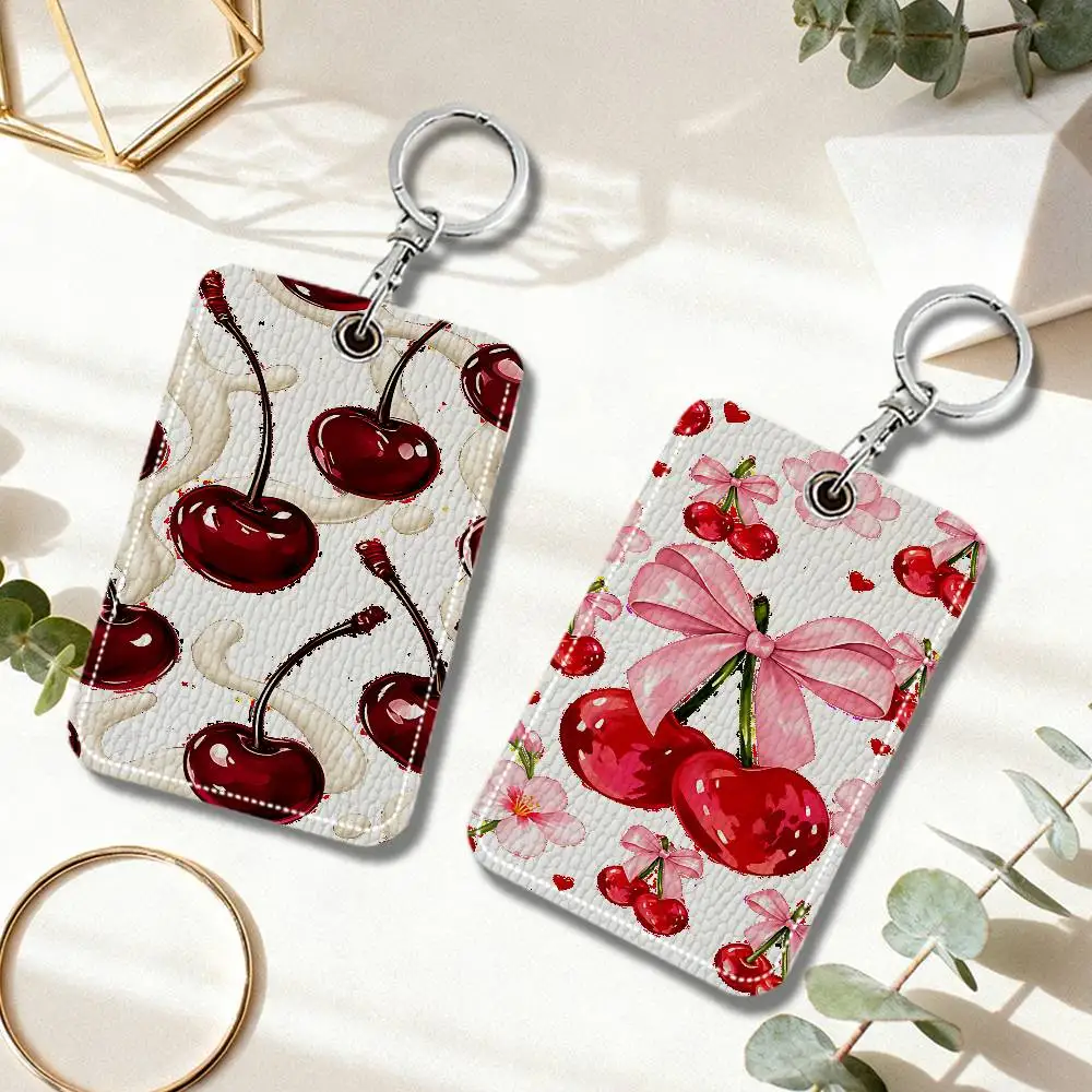 Red Cherry Keychain Card Holder, Badge Credit Card Holder, Student ID Card Holder, Bus Cards Cover Protector Portable PU Leather