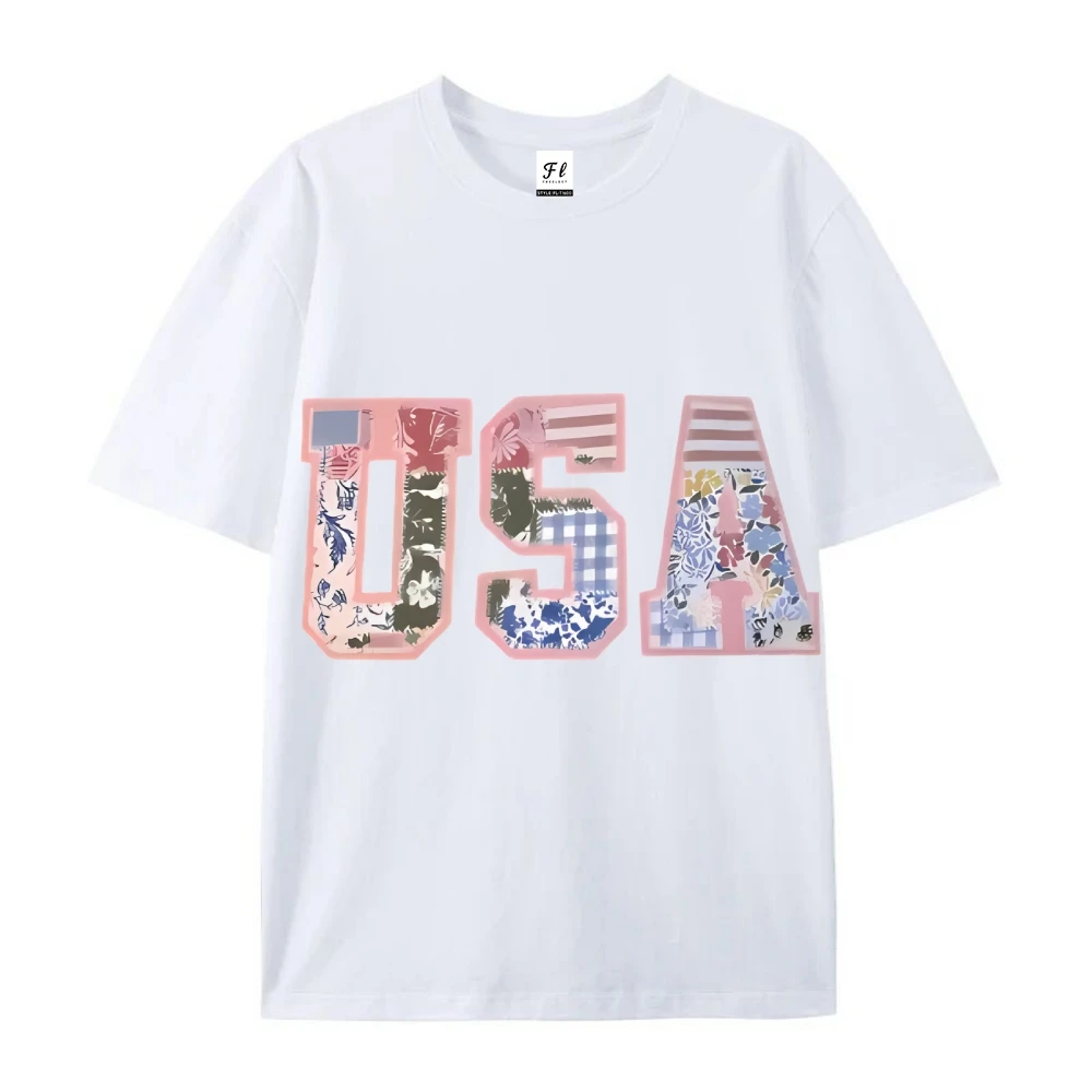 T-Shirt Vintage Floral drapeau américain pour femmes, tricot, coupe régulière, T-Shirt à la mode toutes saisons, col rond décontracté, manches courtes,