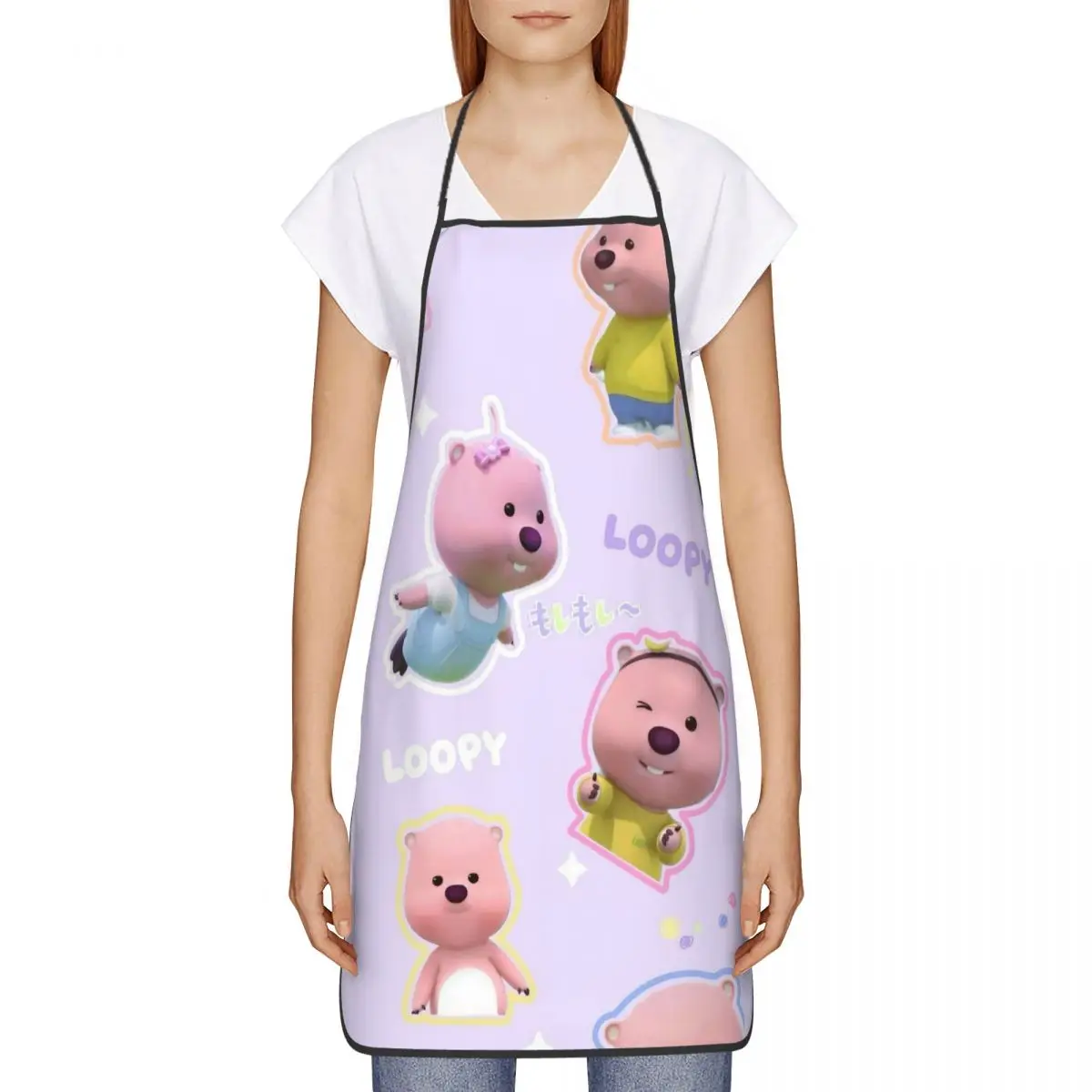 Kawaii Loopy Cartoon Beaver Polyester Apron Cute 52*72cm Kitchen Baking Bib Tablier Home Cleaning Gardening Pinafores Manicurist