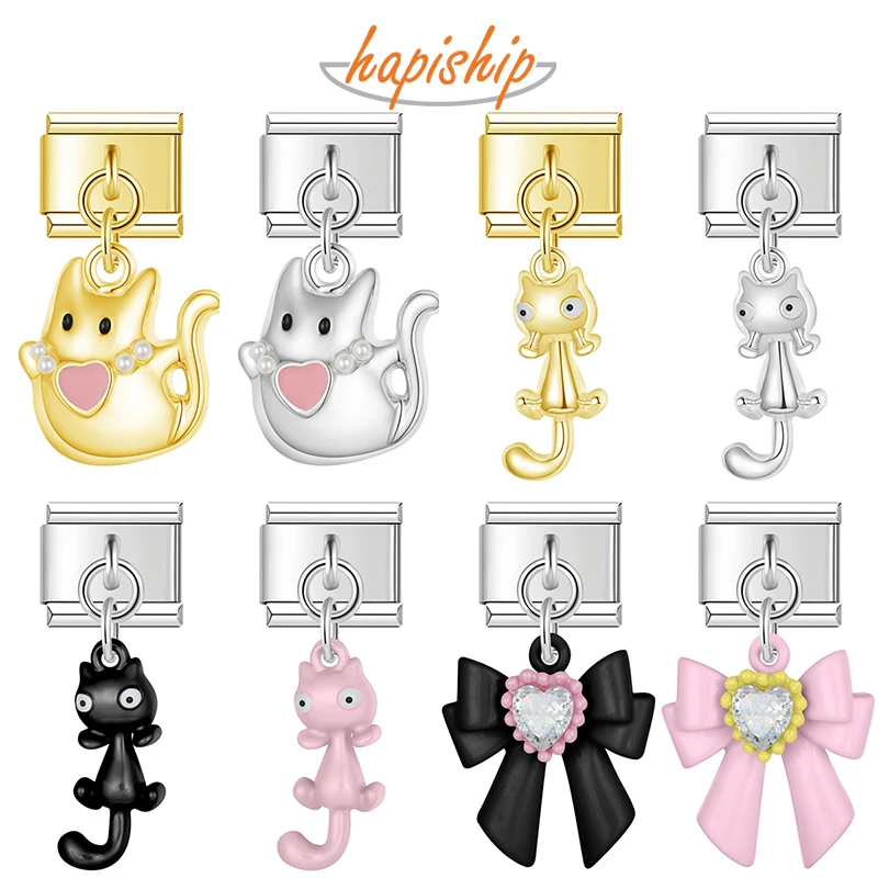 Hapiship Großhandel Mode Farben Tier Katze Bowknot Italienischen Charme Fit 9mm Edelstahl Armband Drop Shipping Schmuck DJ1322
