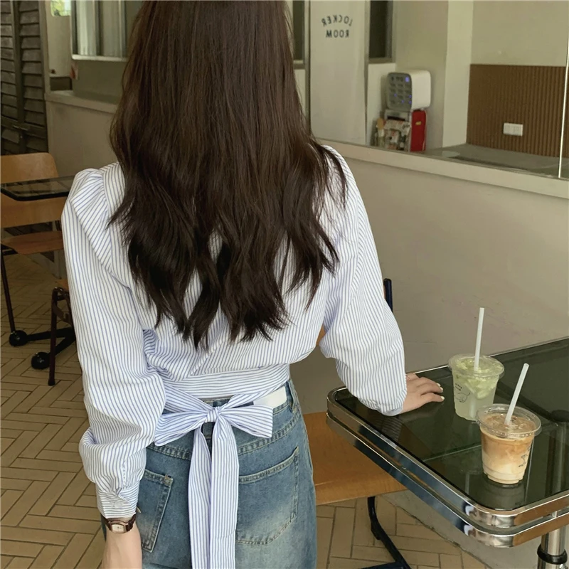 Striped Women Shirts Korean Bow Lace Up Slim Female Casual Blouse Autumn New Preppy Style Sweet Chic Ladies Crop Tops