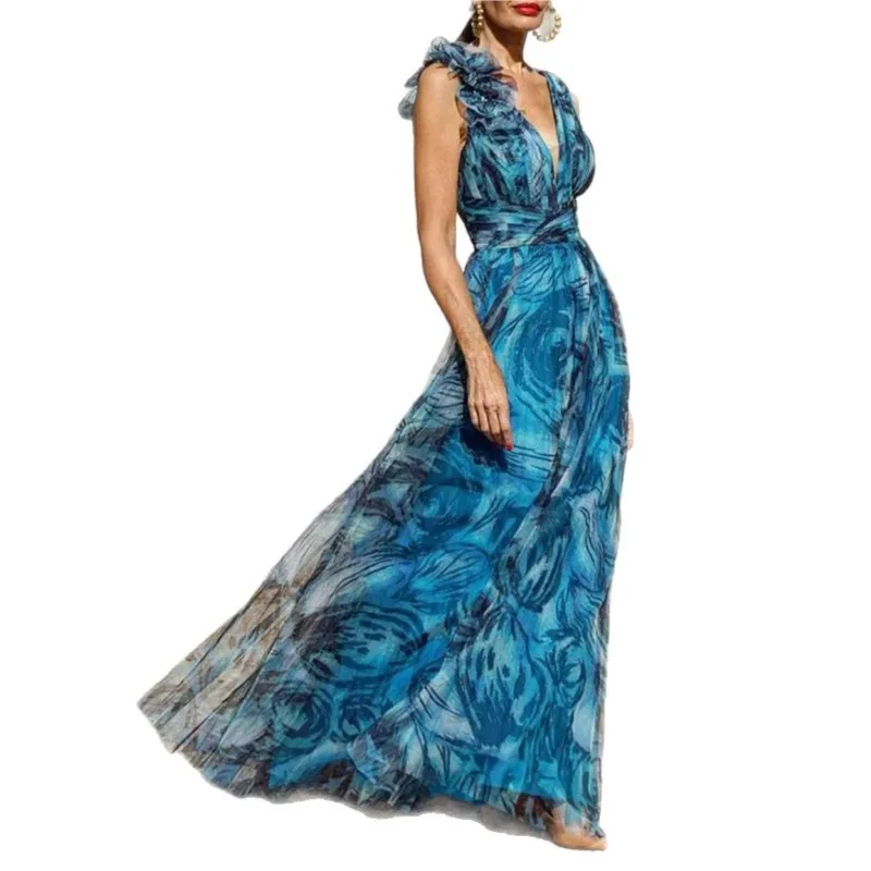 Vestido de verão estilo boêmio vestido de noite feminino 2025 com decote em v profundo decoração de flores bainha grande de camada dupla para férias praia