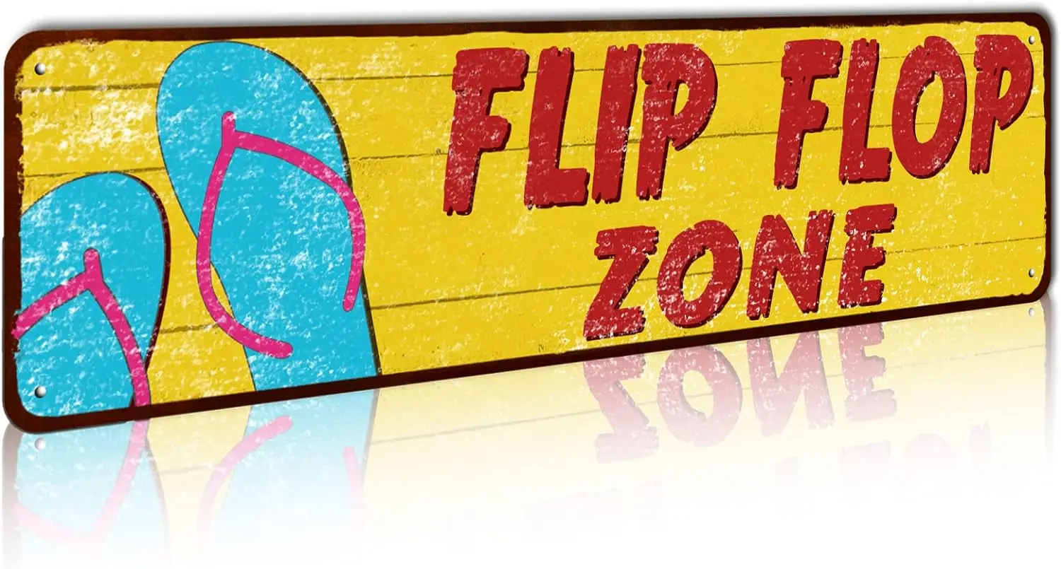 Summer Themed Flip Flop Zone Metal Sign - Tropical Wall Decor Beach Sign for Lake House, Sunroom or Covered Patio, 4 x 16 inch