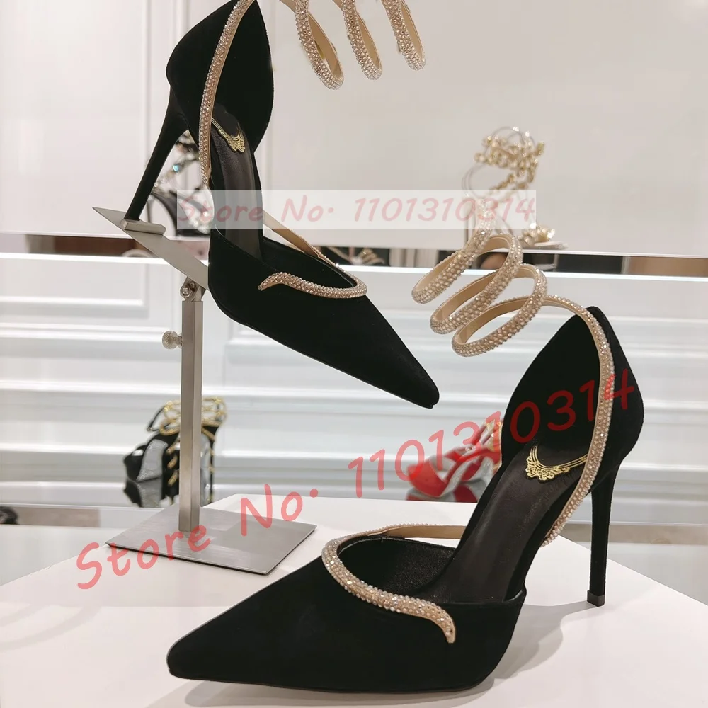 Gold Kristall Schlangen wickel Samt Pumps Damen trend ige elegante schwarze spitze Zehen echte Leders andalen High Heels Abendkleid Schuhe