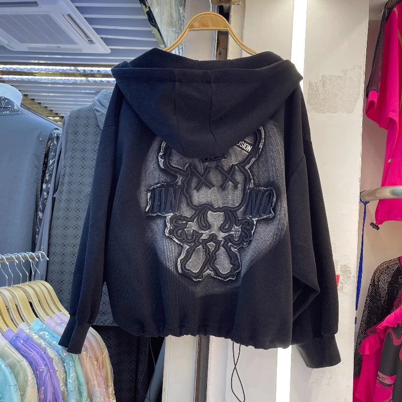 European Fashion Cartoon Bear Hoodie for Women 2025 Autumn Winter Mid-Length Letter Zip Up Black Sweatshirt Trendy Coat