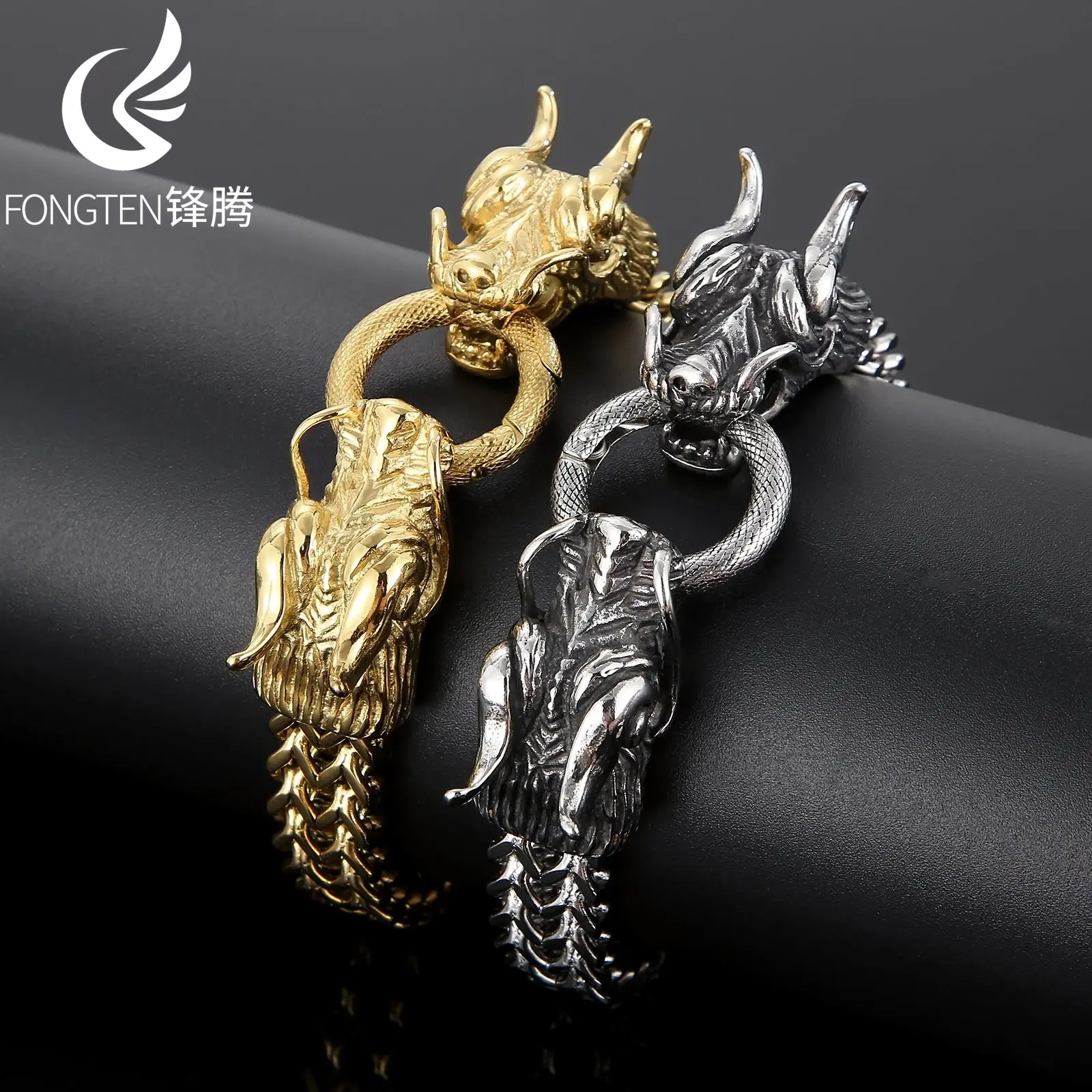Fongten Men's Hip Hop Creative Pattern Circular Front Back Stainless Steel Chain Handpiece Trendy Cool Bracelet Fashion Jewelry