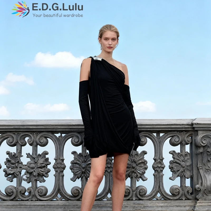 EDGLuLu Design Asymmetric Collar Metal Button One Shoulder Evening Dresses Woman Sexy Bodycon Yellow Black Minii Dress 1114