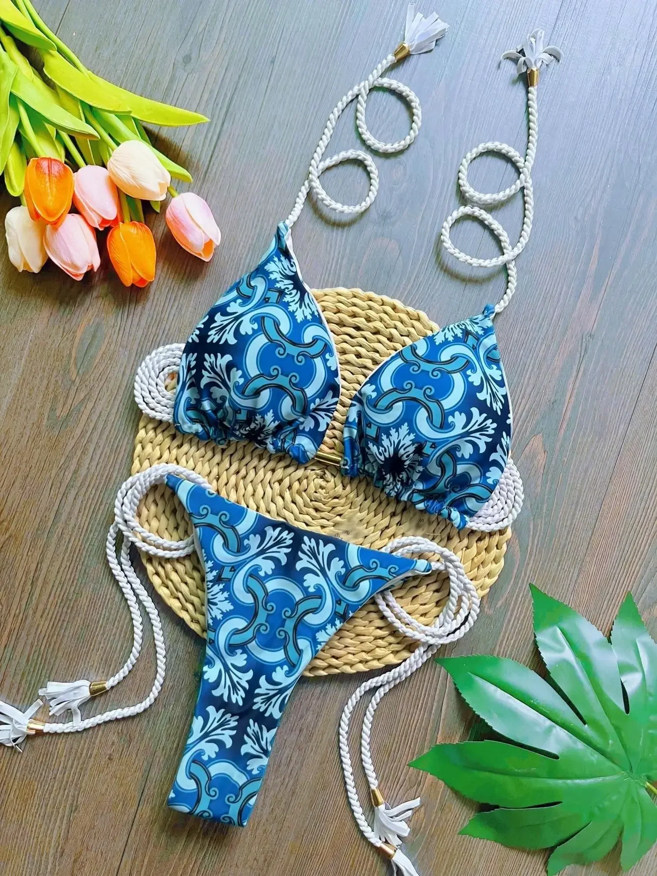 RUOTONSEPT 2024 Sexy Print Women's Swimsuit Braiding rope Bandage Bikinis Set Triangle Swimwear Bathing Suit Brazilian Biquinis