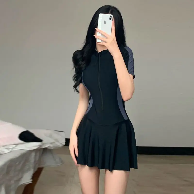 Long Sleeve Zipper One-piece Skirt Swimsuit Women Conservative Thin Slightly Fat Sexy Black Exclusive Swimming Pool Swimwear