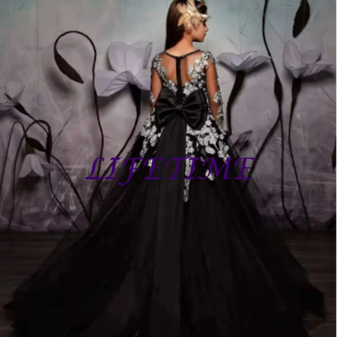 

CustomizedBlack Flower Girl Dress For Wedding Sliver Lace Applique Tulle A-Line Dresses Girls Elegant Birthday Party Ball Gowns