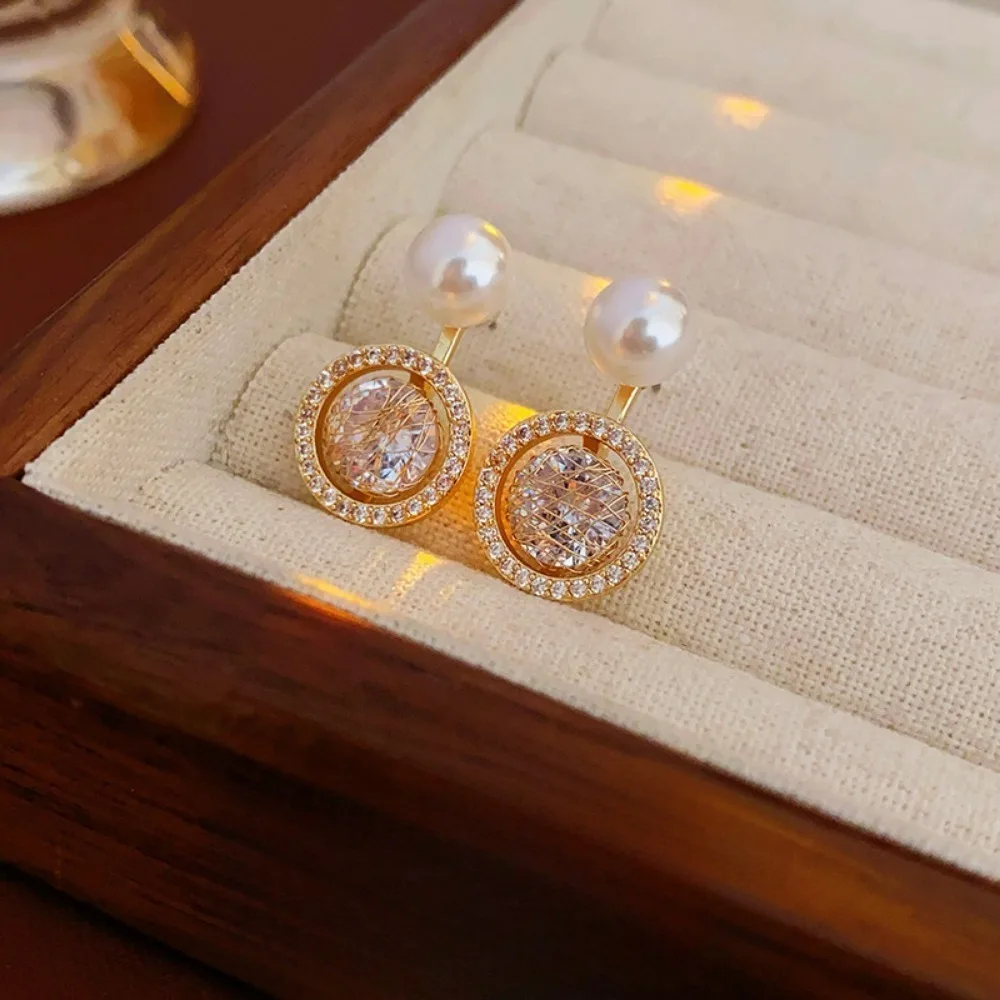 Luxury Romantic Gold Tone Inlaid Zircon Imitation Pearl Circular Dangle Earrings for Women Valentine's Day Confession Jewelry