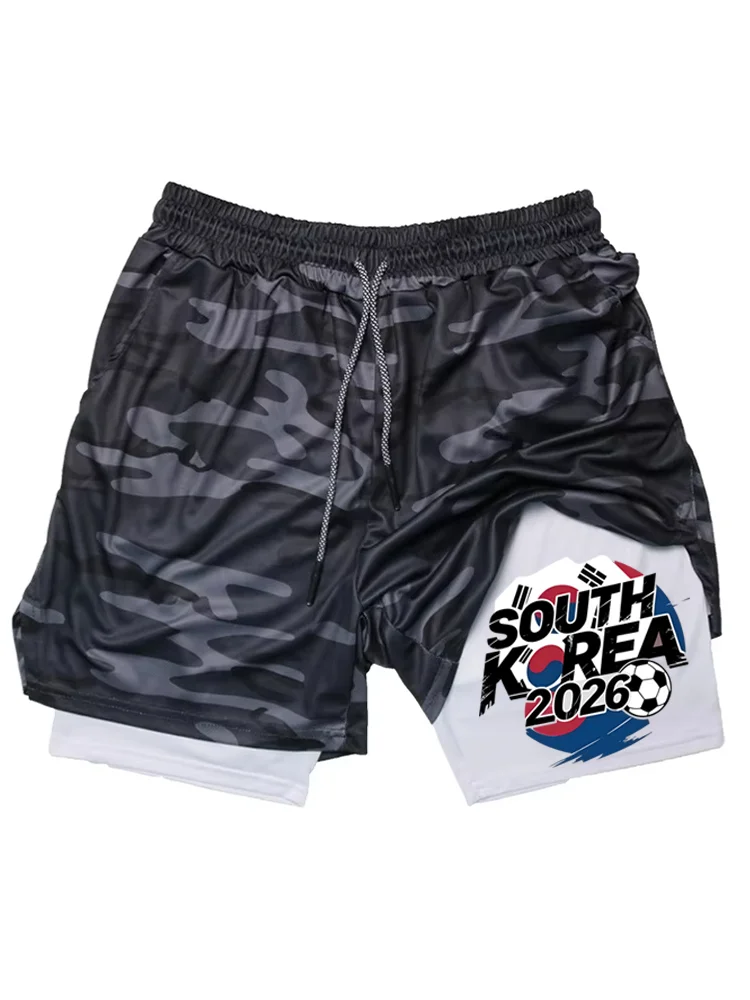 Men's 2-in-1 Double Layer Gym Shorts, South Korea 2026 Soccer Print Quick Dry Workout Running Shorts with Pockets WX042 - view 2