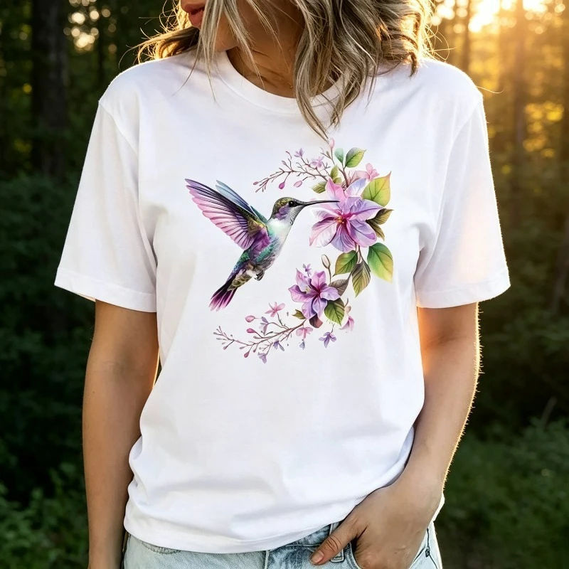 Watercolor Hummingbird Floral T-Shirt Women Modal Soft Short Sleeve Tee Oversized Boho Bird Casual Daily Outfit Nature Top