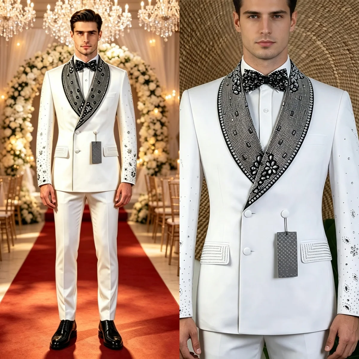 Elegant Wedding Tuxedos Crystal Beaded 2 Piece Set Men Suit Double Breasted Jacket Pants For Graduation Groom Party Customized