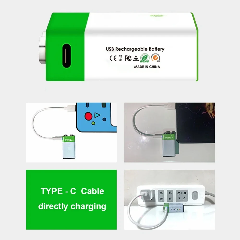 Cable de carga USB para multímetro, batería recargable de iones de litio, 9V, 12800mAh