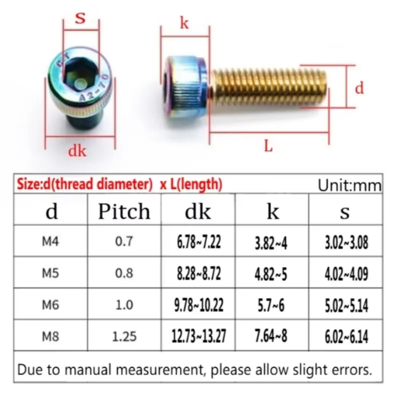 304 Stainless Steel M4 M5 M6 M8 Colored Cup Head Socket Head Screw For Motorcycle Modification Bolts ​Length 8mm~50mm