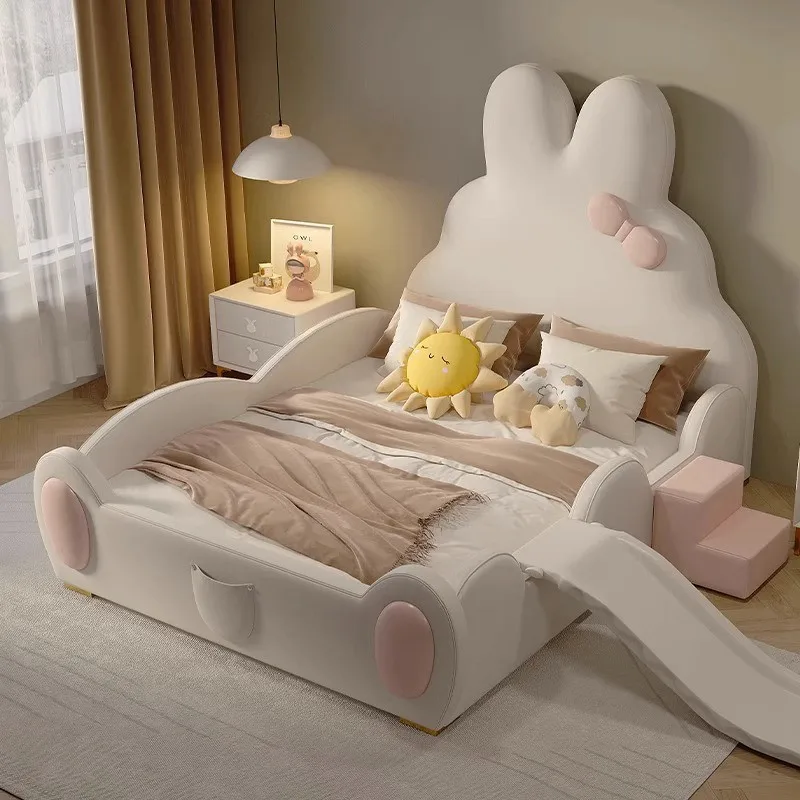

Children's bed girl princess bed modern minimalist cartoon pink rabbit bed sheet man with guardrail solid wood genuine leath