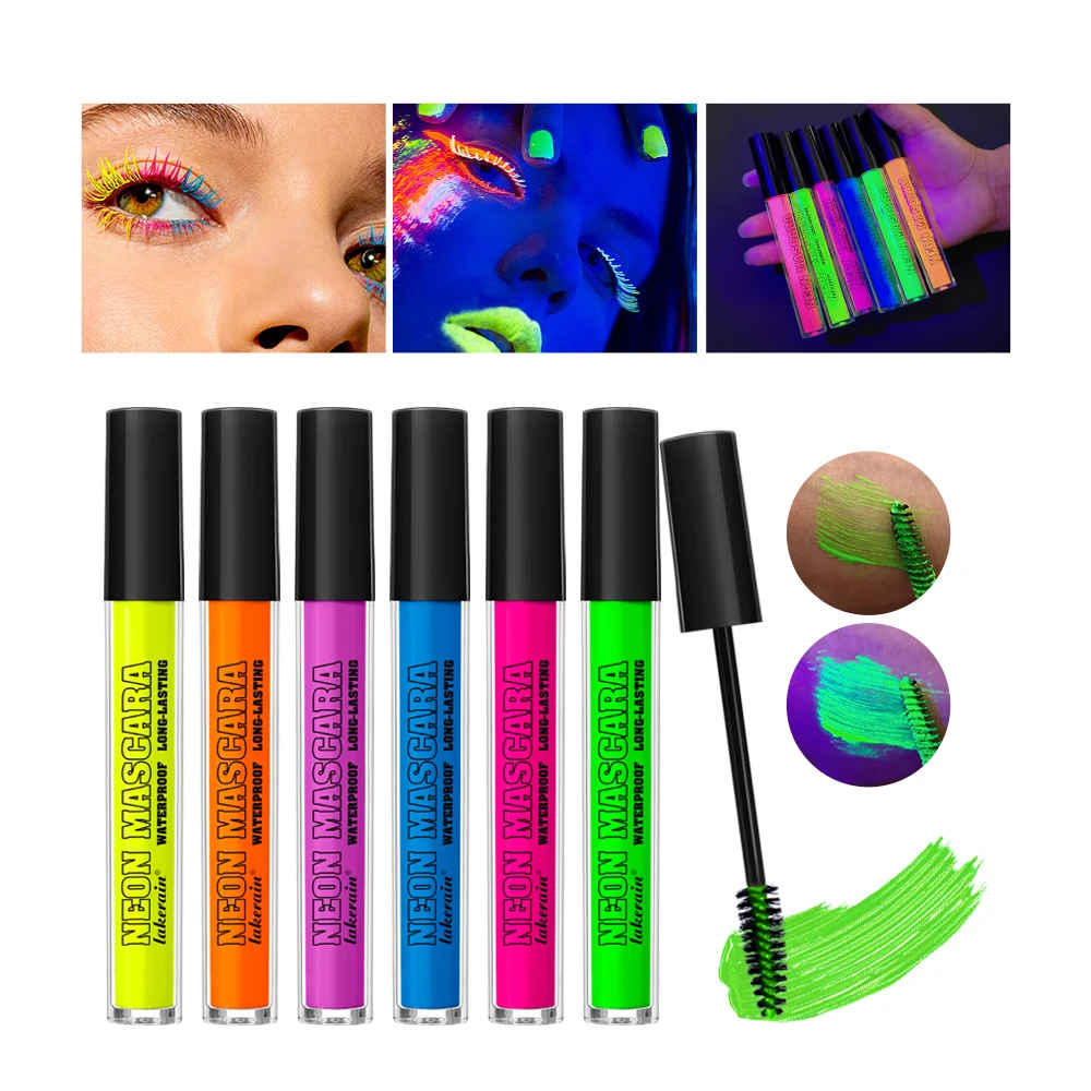 6 Farben Neon-Augen-Mascara, leuchtende Farben, fluoreszierend, 24 Stunden langlebig, wasserfest, wischfest, für Camival-Party-Make-up