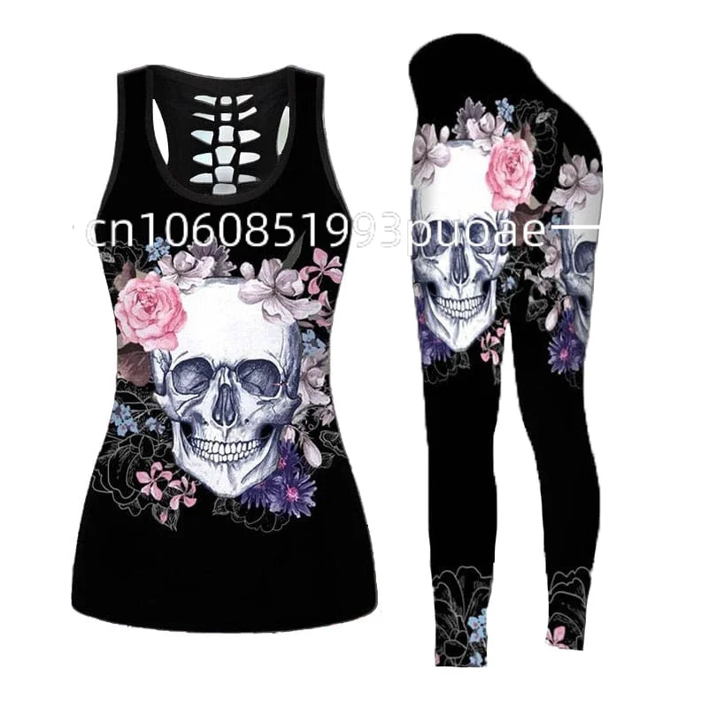 

Womens Fashion 3D Print Skull Girl Tank Top And Leggings Summer Sleeveless Backless Graphic Shirt Slim Fit Gothic Vest Yoga Set