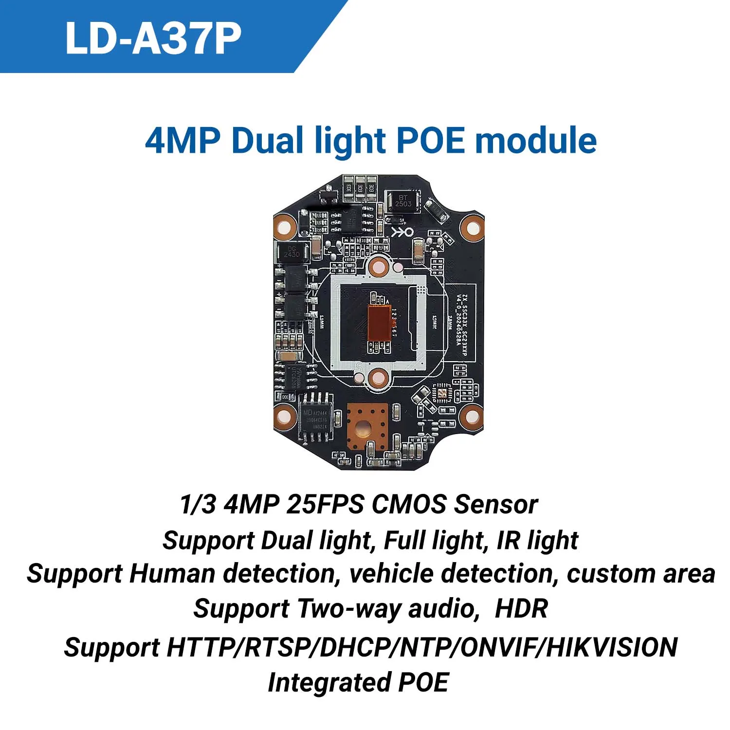 4MP POE IP Camera Module A37P SSC335+SC3336P ONVIF 25FPS Warm Dual Light AI Human Detection Two-Way Audio CCTV Board