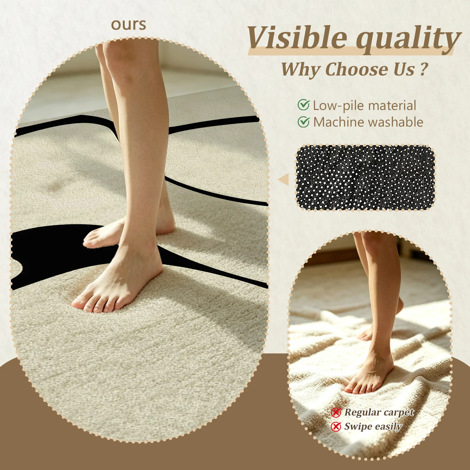Large Indoor Area Rug, Soft Velvet Low Pile Non-slip Dotted Backing, Machine Washable Modern Abstract Black Beige Organic Pattern, Ideal for Living Room and Bedroom Home Decor - view 7