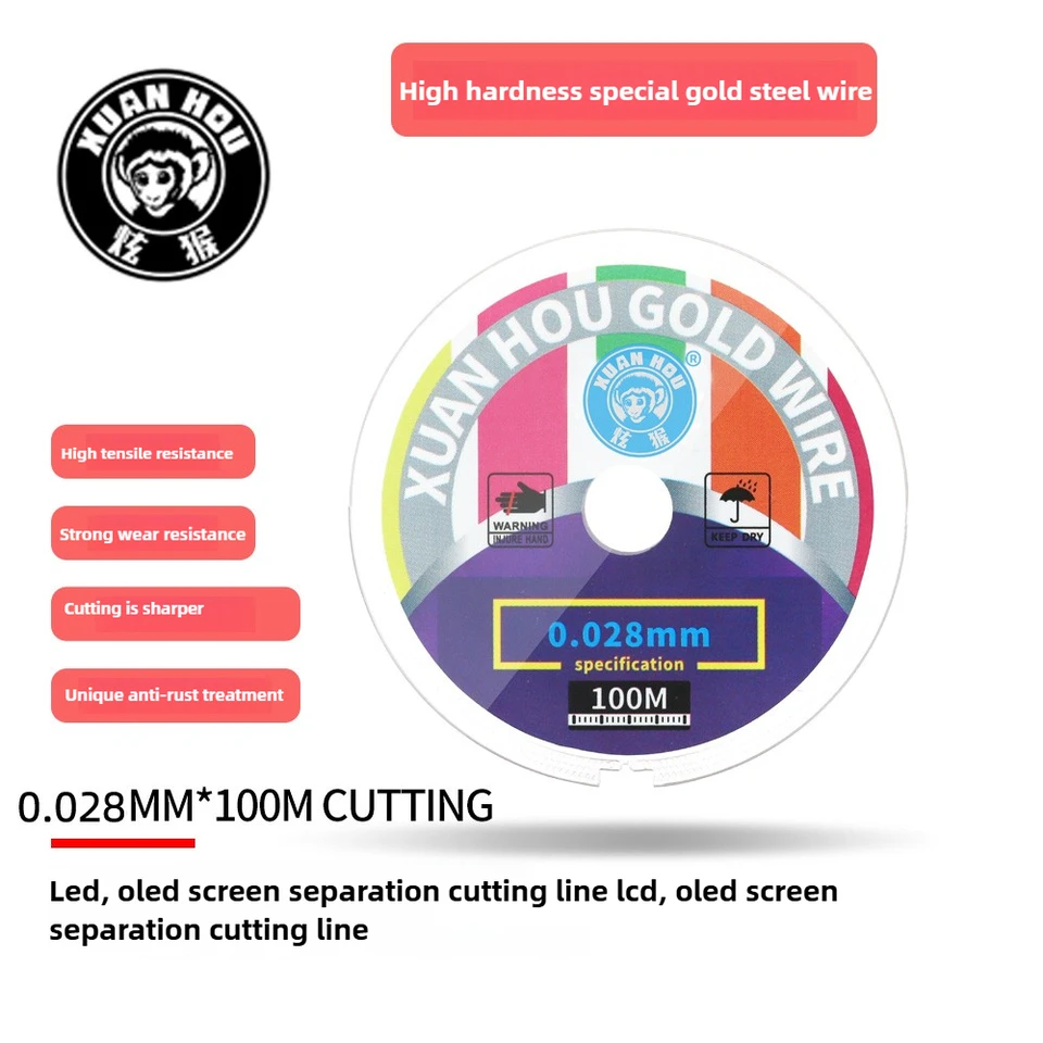 100 m de hilo de corte de vidrio para pantalla LCD de acero dorado de alta dureza de 0.028 mm a 0.1 mm, herramienta de reparación para teléfonos y tabletas 2