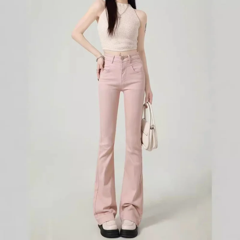 Women's Light pink skinny jeans2025popular autumn and winter high waist slim slim flare pants