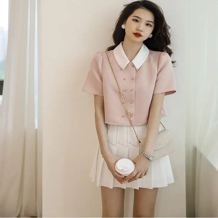 

Glossy Pleated Set Skirt Pants 2020 New Women Hepburn Sle Two-Piece Set Ele Maturi Small T Polyester Fabric