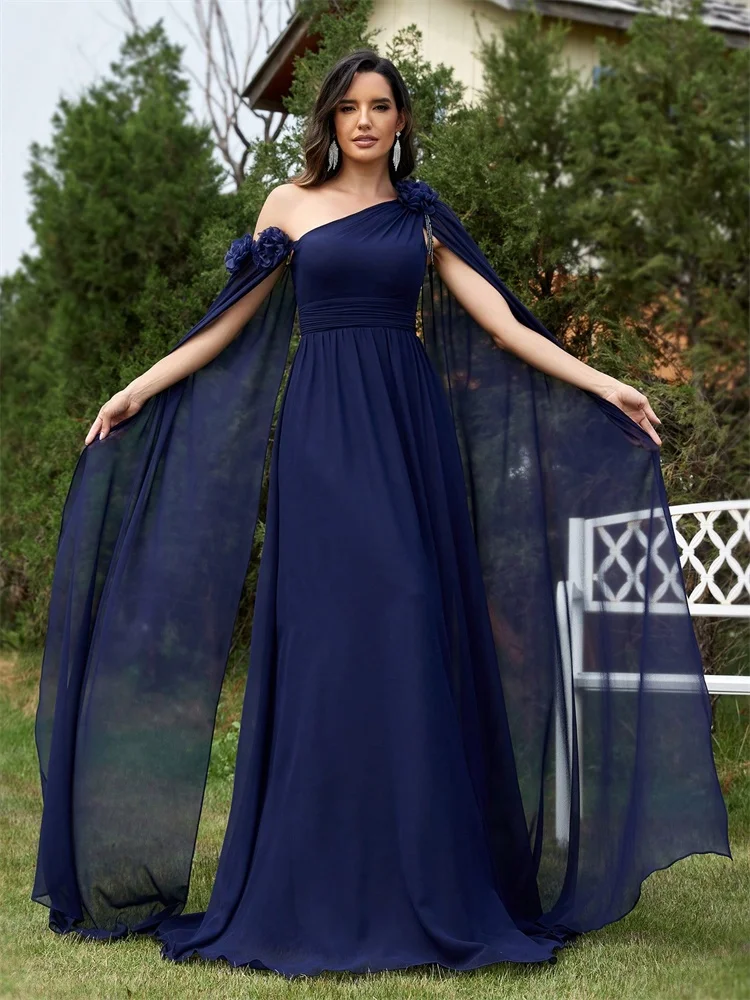 

Luxury Chiffon Streamer Navy Evening Dress Long Elegant Dress Bridesmaid Party Prom Arabia Flower Cocktail Graduation Gowns