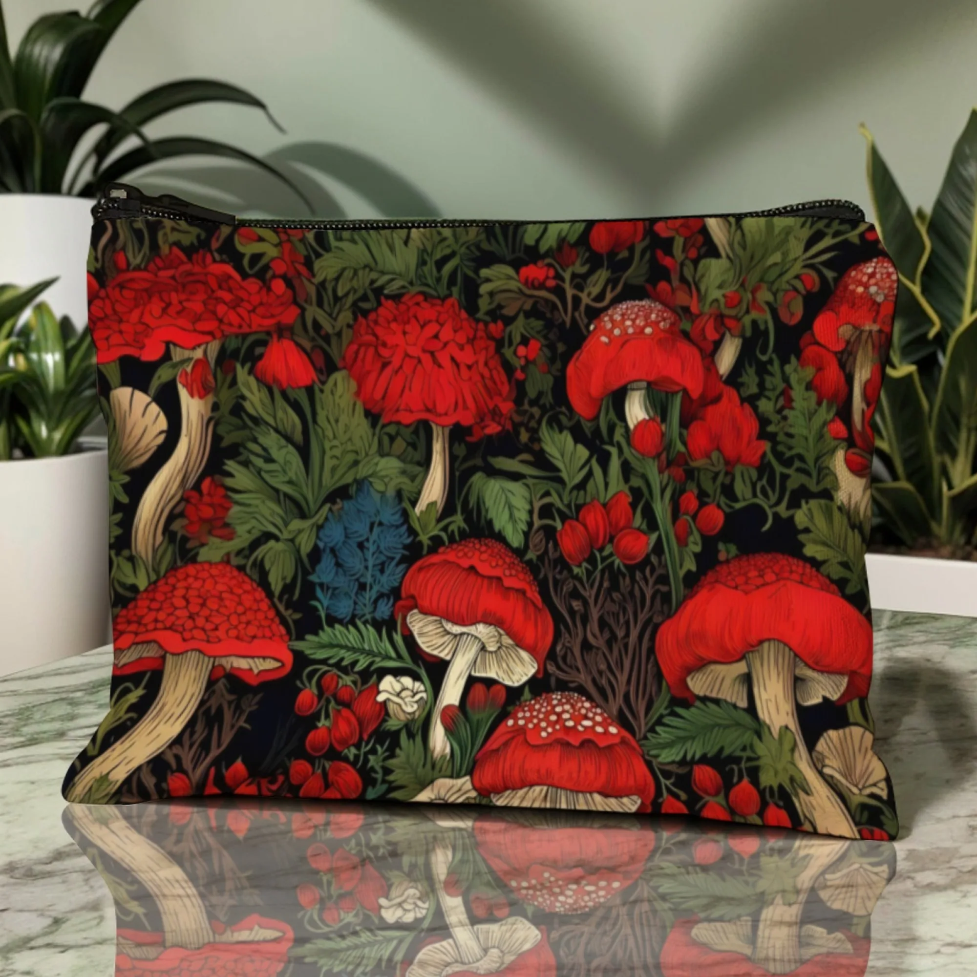 활기찬 빨간색 버섯 메이크업 가방 양면 인쇄 내구성 지퍼 대용량 여행 주최자 매니아를 위한 이상적인 선물