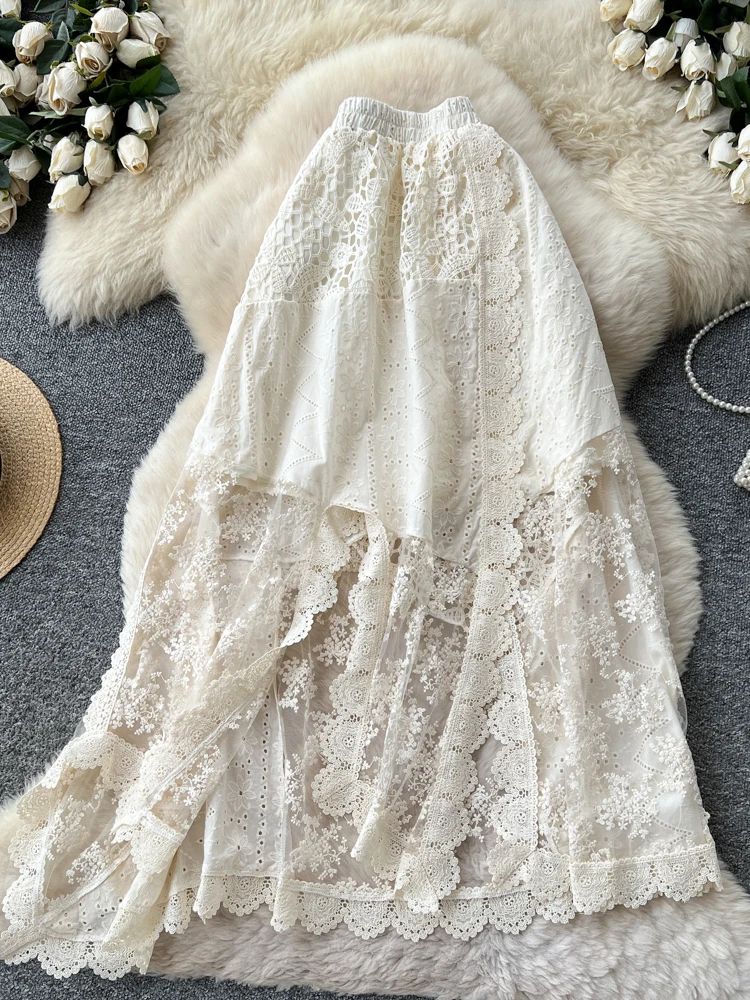 

Романтическая кружевная юбка трапециевидной формы с эластичной резинкой на талии, женская утягивающая белая юбка средней длины с высокой талией