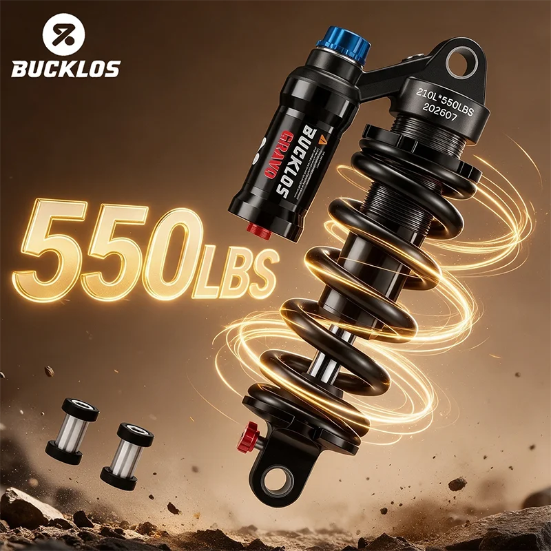 BUCKLOS Bike Rear Shock Absorber 550LBS Adjustable Compression Rebound Air Pressure Replaceable Heavy Duty Spring MTB Suspension