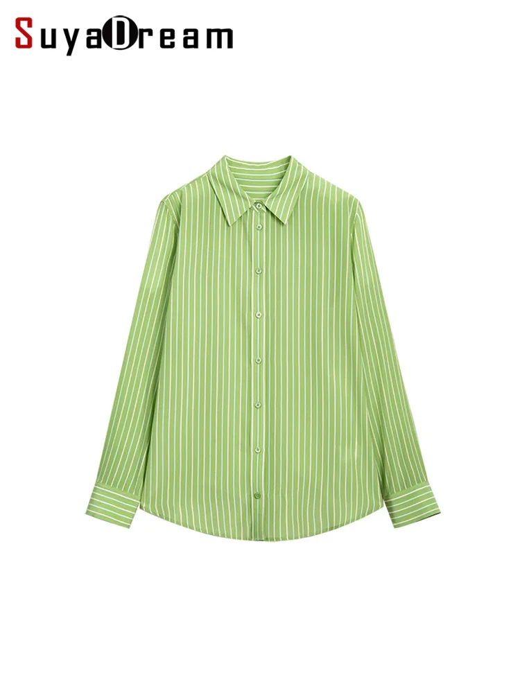 SuyaDream,Woman Striped Shirts, 100%Silk Crepe, Long Sleeves, Green Blouses, 2024 Spring Summer Casual Top