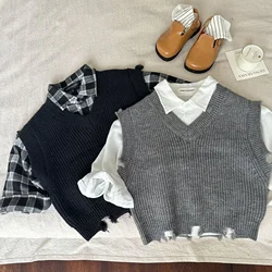 Kids' Sweater 2023 Autumn New Boys and Girls Solid Color Ripped Vest Baby All-Match Knitwear Fashion