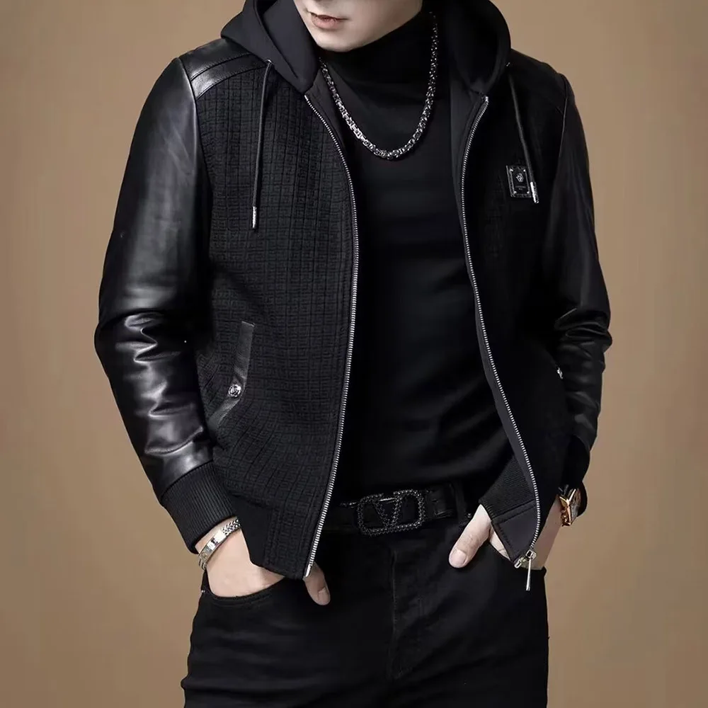 Mens Hooded Patchwork Moto Casual Jacket Autumn Streetwear Fashion Nightclub Youth Outdoor Versatile Niche Statement Outerwear