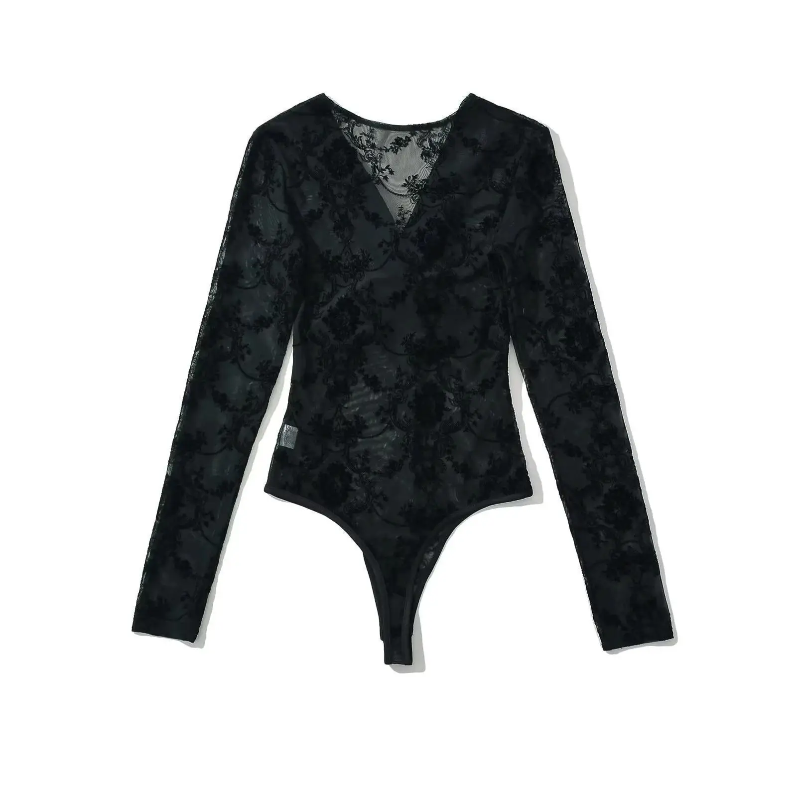 Women Sexy Cross V-neck Mesh Bodysuits Floral Long Sleeve Top Jumpsuits