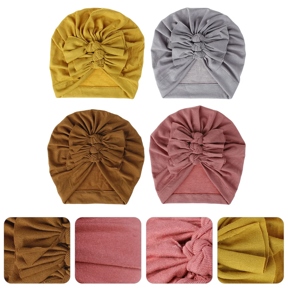 

4Pcs Baby Cotton Bow Hats Pleated Caps Soft Comfortable Casual Kids Headwear Fashionable Bow Decor for All Seasons