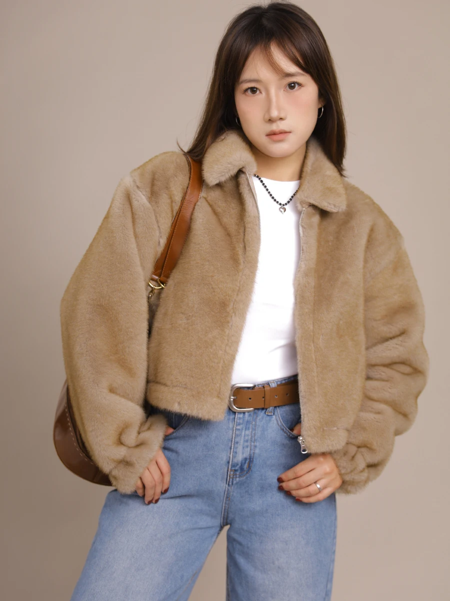 

Ohmyloli Coffee-Colored Faux Leather And Fur Inteated Stand Collar Zipper Side Dstring ort Coat Environmental Cosite