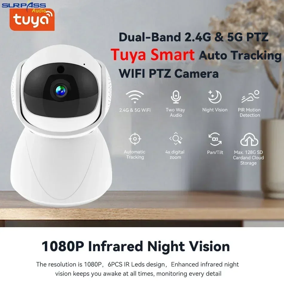 Dual-Band 2.4G 5G PTZ TUYA Smart Wireless Auto Tracking WiFi PTZ Camera Two Way Audio Build in Micro Speaker Motion Detection