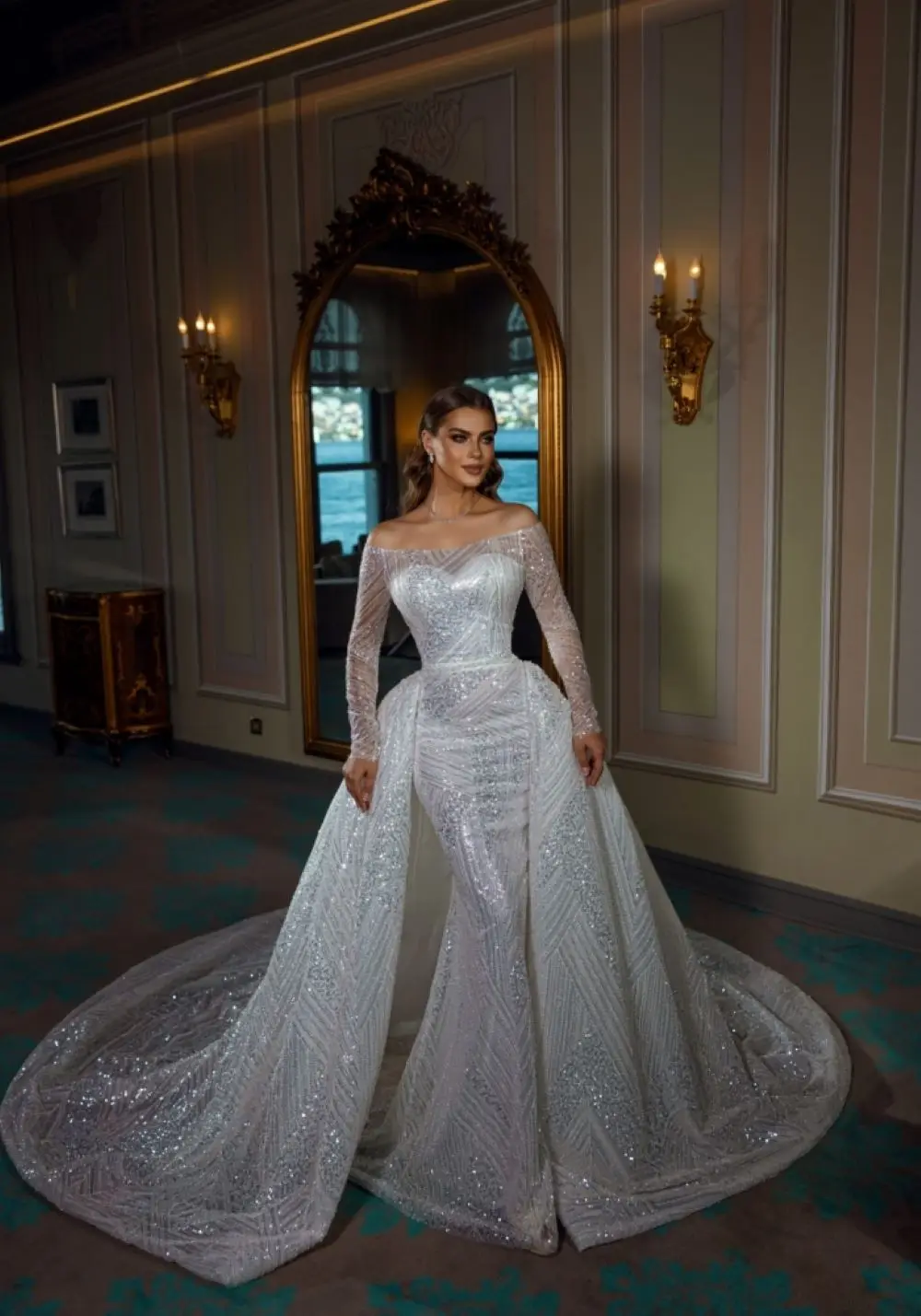 Sparkly ชุดเดรสเมอร์เมดปิดไหล่ชุดเจ้าสาวเลื่อมที่ถอดออกได้รถไฟชุดที่กําหนดเองทํา vestidos