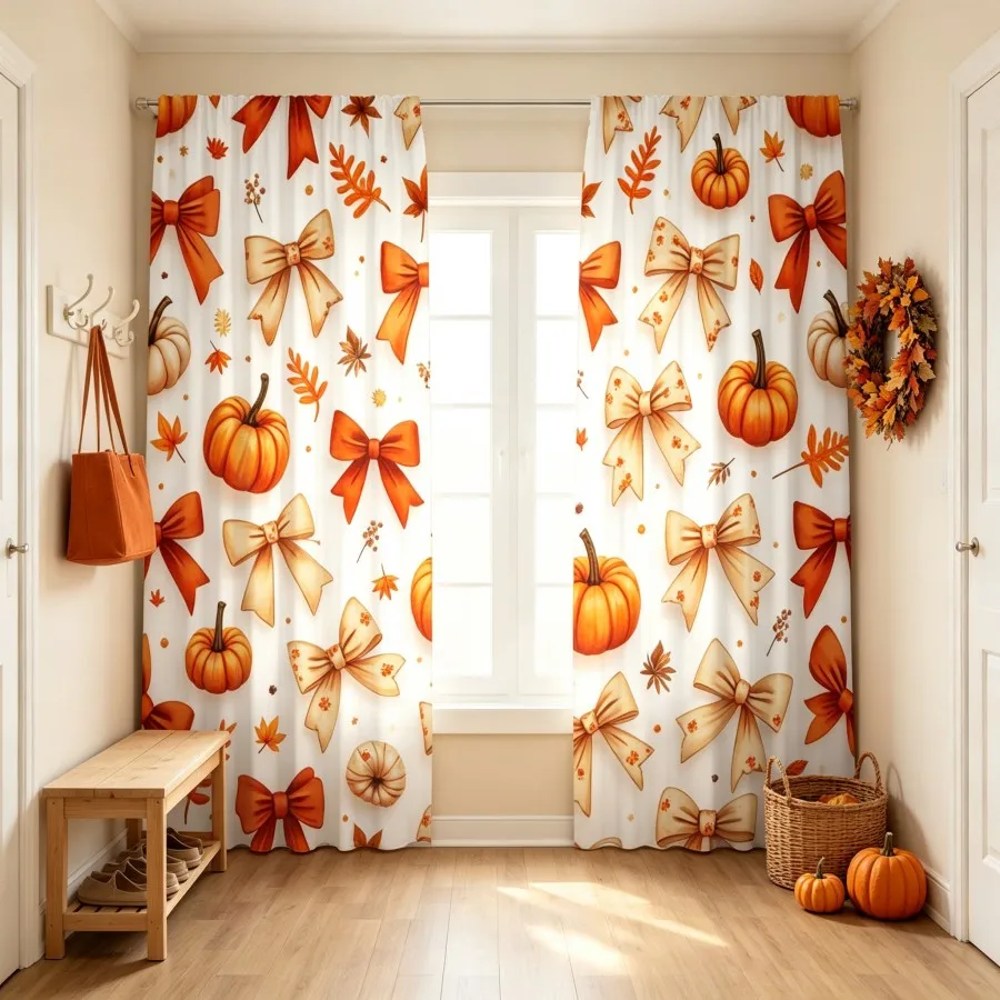 2PCS Digital Print Curtain, Bows Pumpkins Maple Leaves Fall Pattern, Autumn Cozy Style for Living Room Kitchen Window Decor