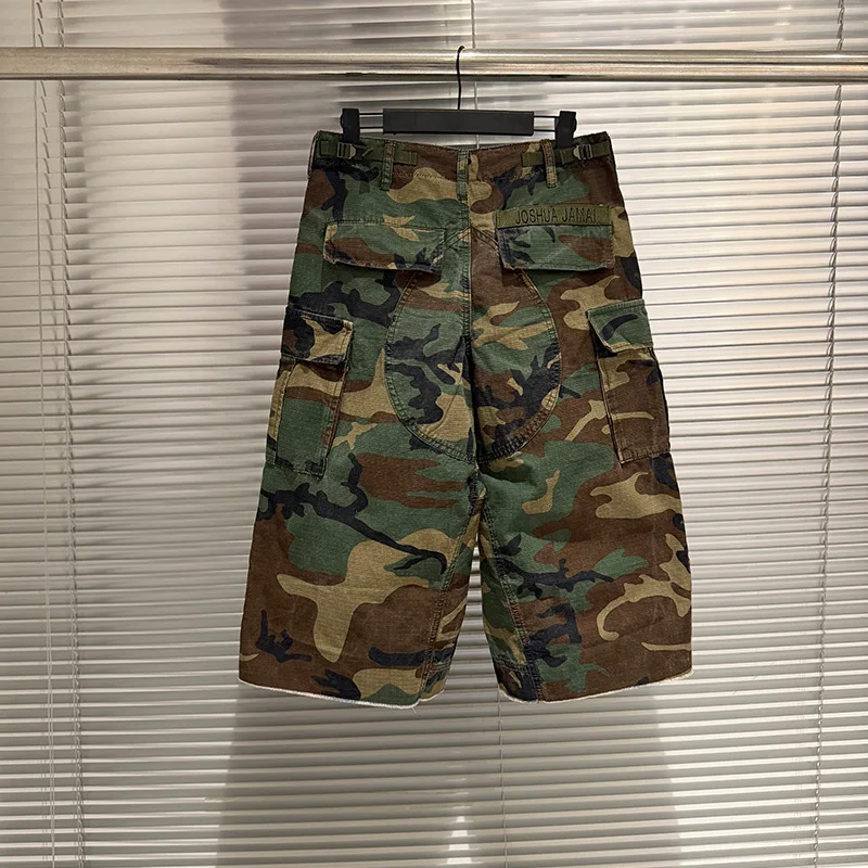 Men Woodland Camo Three‑Quarter Cargo Pants Raw Hem Patchwork Loose Multi‑Pocket Streetwear Protocol Index Shorts Inside Tag