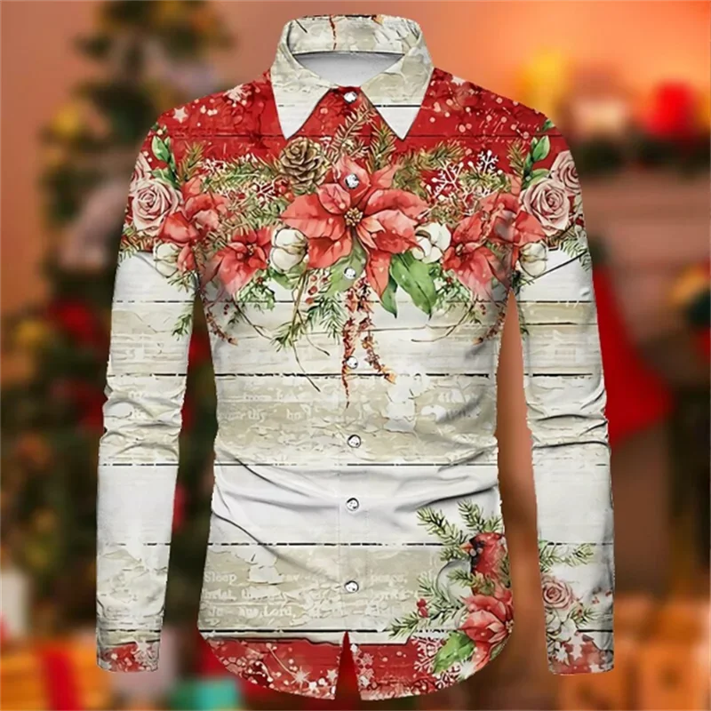 New Men's Shirt Party Style Christmas Snowflake HD Print Shirt Long Sleeve Button Lapel Tops Men's New Year Christmas Shirt 6XL