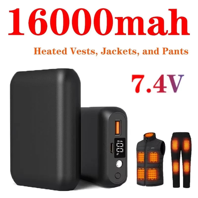 Heated Vest Battery Pack 7.4V 16000mAh Battery Pack for with LED Display with DC/USB/Type-C Output for Vest Jackets Pants Socks