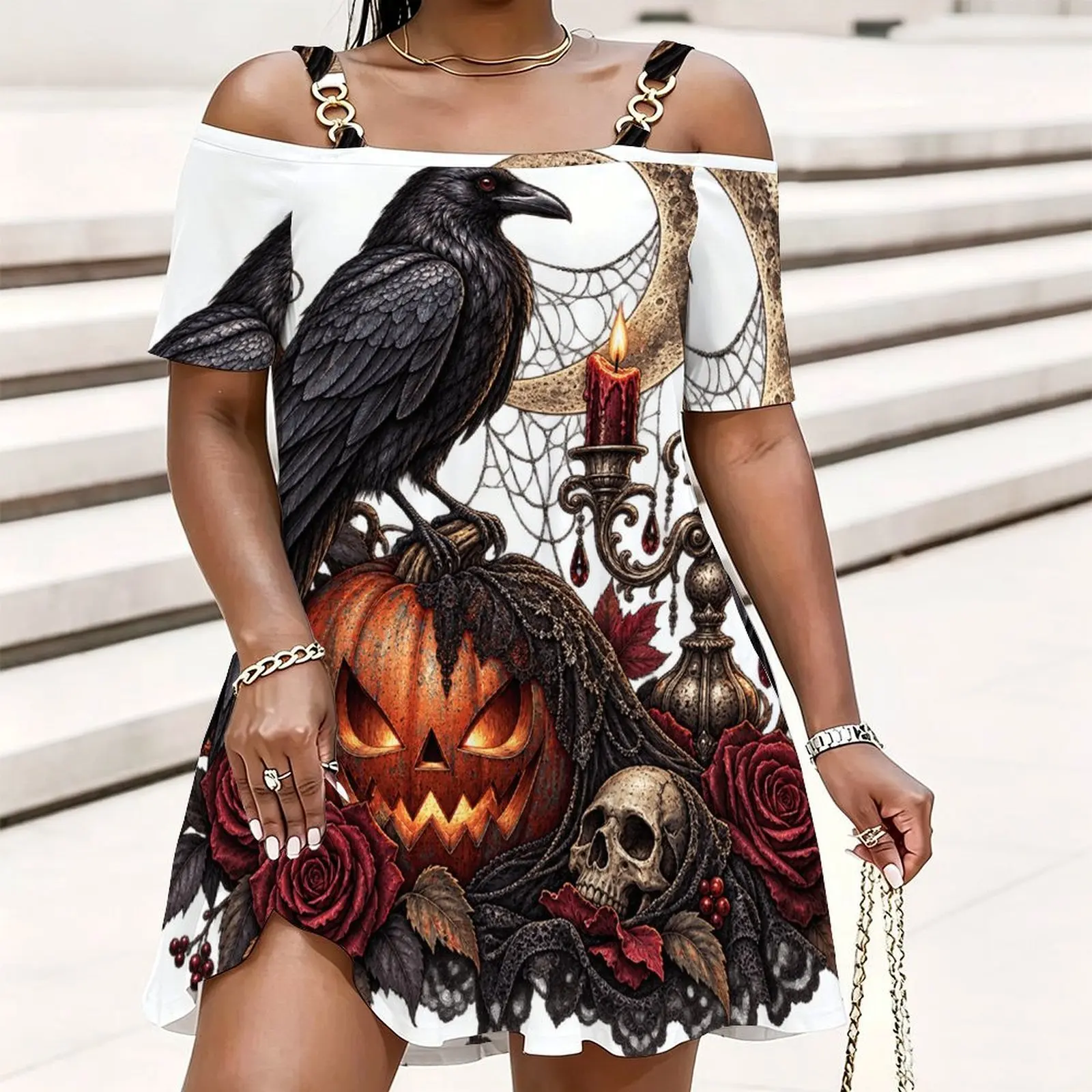 Women Gothic Halloween Printed Cold Shoulder Top Raven Jack-o'-Lantern Skull Rose Short Sleeve Chain Strap Loose Top